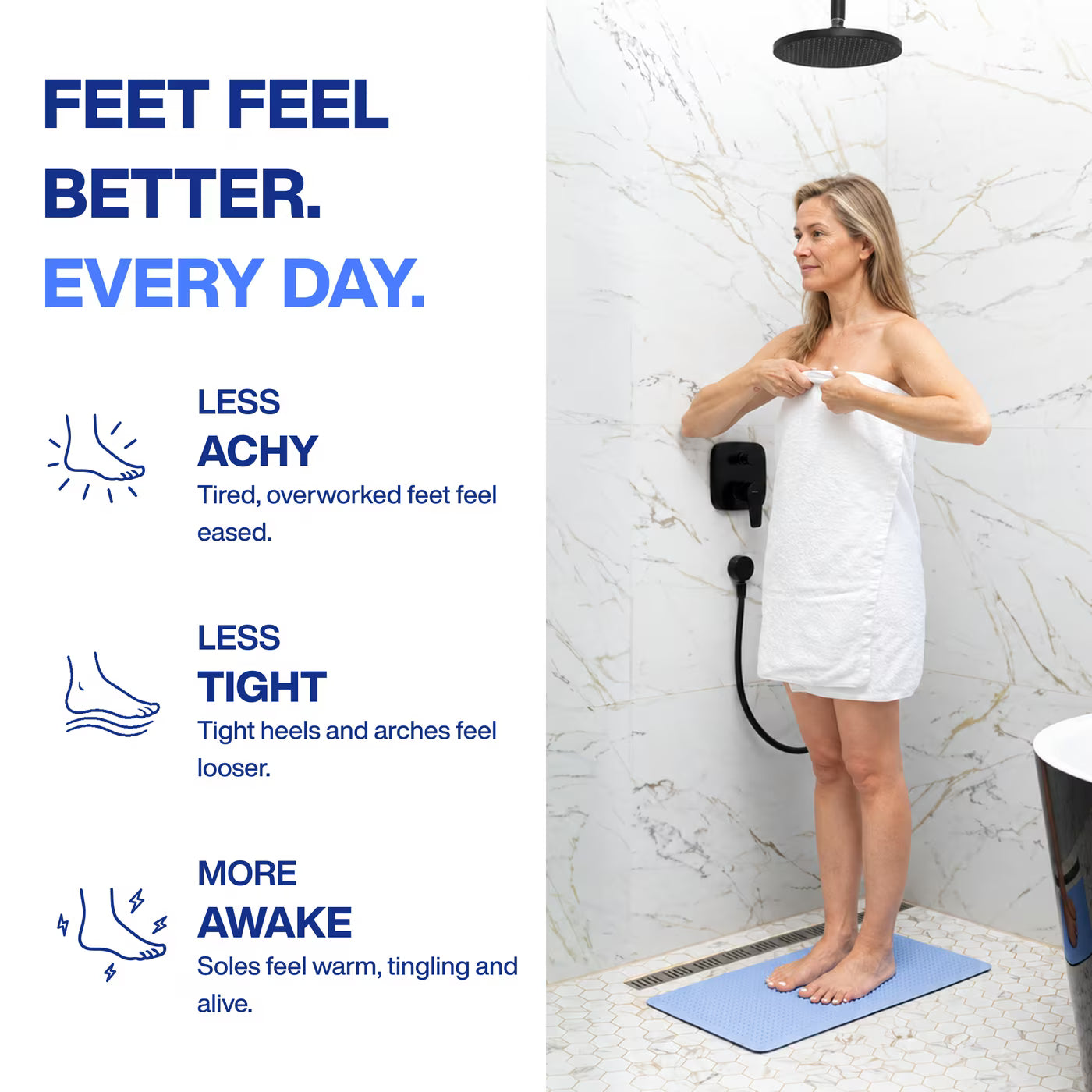 Feet feel better every day — less achy, less tight, more awake — beside a woman standing on the PVRA mat in the shower