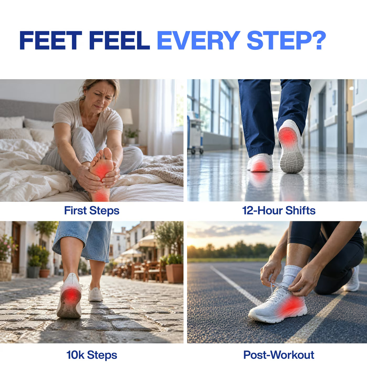 Everyday moments feet feel it most: first steps, 12-hour shifts, 10k steps and post-workout