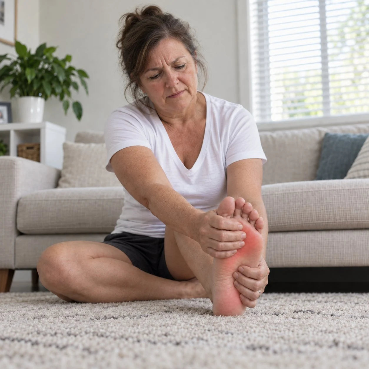 A woman sitting on the floor holding the sore sole of her foot